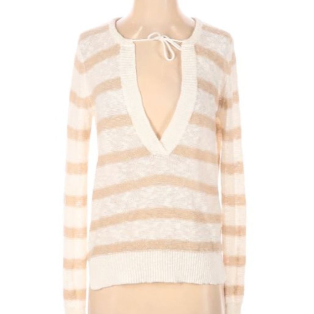 LOFT Tie Front Linen Cotton Striped‎ Sweater S
